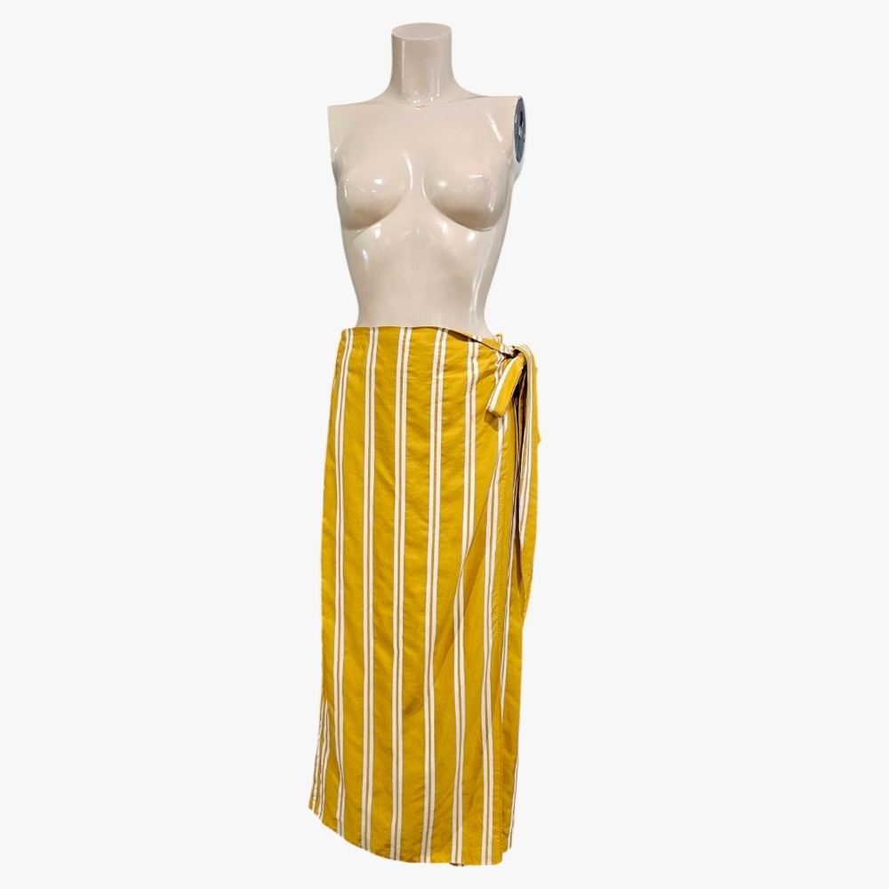 SANCIA Striped Mustard Yellow White Long Full Wrap Tencel Pencil Skirt M